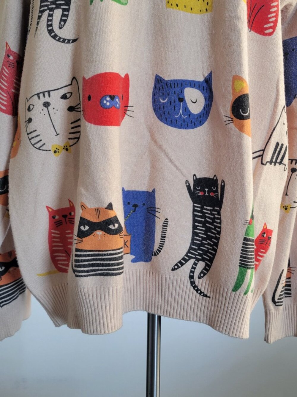 Shein Women's Large Cat Sweater Beige Multicolor Kitty Print Long Sleeve Pullove - Picture 7 of 15